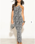 High-neck sleeveless metallic-knit with pattern print maxi dress in Sliver