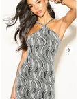 High-neck sleeveless metallic-knit with pattern print maxi dress in Sliver