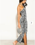 High-neck sleeveless metallic-knit with pattern print maxi dress in Sliver
