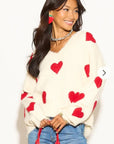 Brushed texture Sweet Heart Pattern Embroidered Jumper in cream