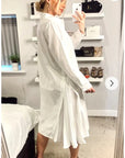 Cotton shirt dress with Pleated chiffon hem design in white