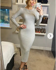 Ribbed midi Knit dress long sleeves in plain grey