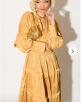 Silky feeling organza midi dress with ruffle design on sleeves and skirt hem in yellow