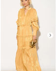 Silky feeling organza midi dress with ruffle design on sleeves and skirt hem in yellow