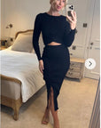 Long Sleeve Knit crop top with side lace up midi skirt co-ords in black