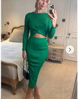 Long Sleeve Knit crop top with side lace up midi skirt co-ords in green