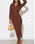 Brown color Soft knit long sleeves bodycon dress with blue line contrast design