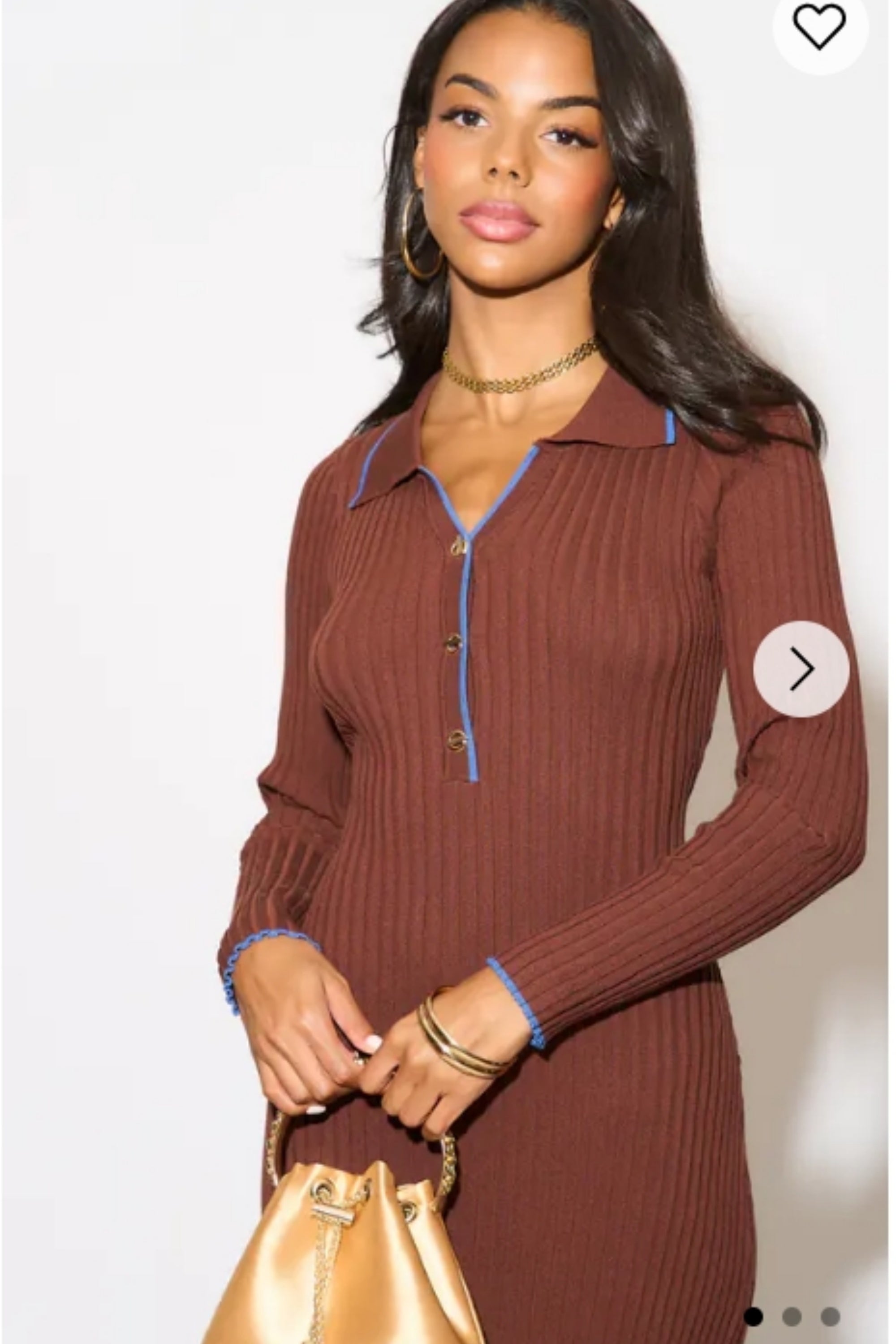 Brown color Soft knit long sleeves bodycon dress with blue line contra CYLONDON Brown color Soft knit long sleeves bodycon dress with blue line contra CYLONDON