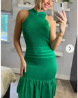 High Neck Pleated Metallic Dress Knee Length In Green