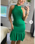 High Neck Pleated Metallic Dress Knee Length In Green