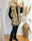 Belt fasten long Faux Fur Gilet (Mix Brown)