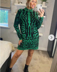 Fine Knit Leopard Print Pattern design Jumper Dress in Green
