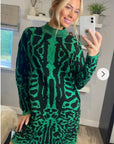 Fine Knit Leopard Print Pattern design Jumper Dress in Green
