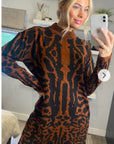 Fine Knit Leopard Print Pattern design Jumper Dress in Coffee Brown