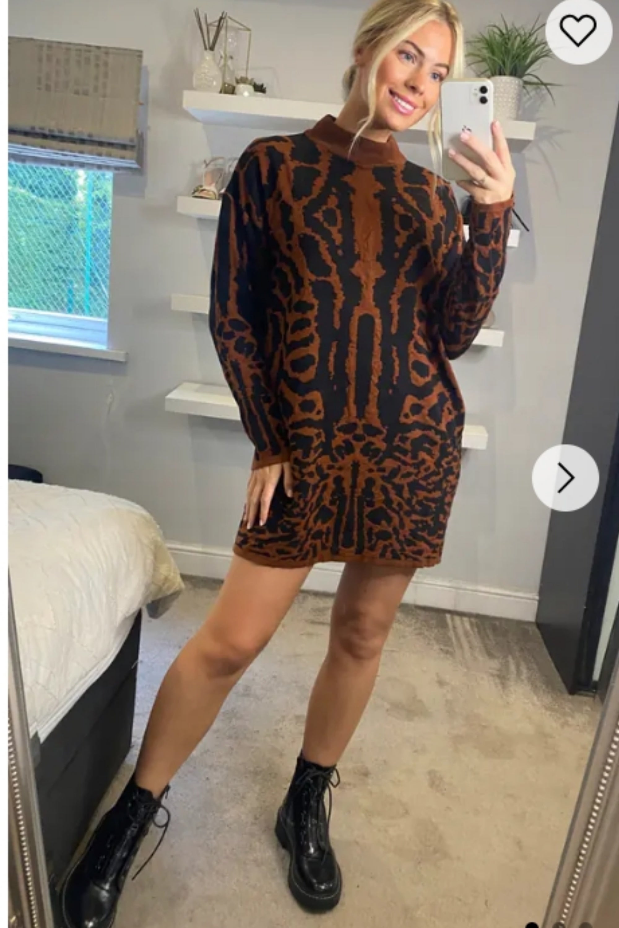 Fine Knit Leopard Print Pattern design Jumper Dress in Coffee Brown   CYLONDON