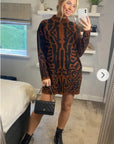 Fine Knit Leopard Print Pattern design Jumper Dress in Coffee Brown