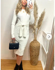 Fine knit bodycon dress with knot tie design in cream white
