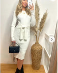 Fine knit bodycon dress with knot tie design in cream white