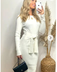 Fine knit bodycon dress with knot tie design in cream white