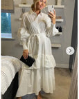 Puff sleeve shirt dress with tiered hem skirt in white