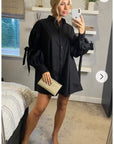 Oversized Ballon sleeves with tie up cotton blend shirt dress in black