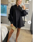 Oversized Ballon sleeves with tie up cotton blend shirt dress in black