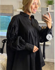 Oversized Ballon sleeves with tie up cotton blend shirt dress in black