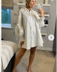 Oversized Ballon sleeves with tie up cotton blend shirt dress in white