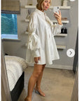 Oversized Ballon sleeves with tie up cotton blend shirt dress in white