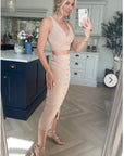 Wrap deigned sleeveless vest top and midi skirt co-ords suits in beige