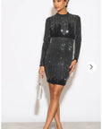Long Sleeves Diamond Sequin short Dress in Black