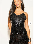 Circle Disc Sequin Strappy Short Dress in Black