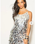 Circle Disc Sequin Strappy Short Dress in Sliver