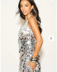 Circle Disc Sequin Strappy Short Dress in Sliver