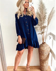 Long Sleeve Oversized Linen Shirt Dress in Navy Blue