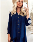 Long Sleeve Oversized Linen Shirt Dress in Navy Blue