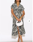 Multi Leaves' print Cotton Linen shirt dress short sleeves in Black