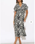 Multi Leaves' print Cotton Linen shirt dress short sleeves in Black