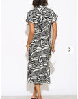 Multi Leaves' print Cotton Linen shirt dress short sleeves in Black