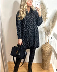 Leaves print shirt dress with scarf (Black)