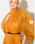 Pleated long dress with organza pleated cape sleeves in Gold