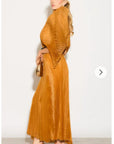 Pleated long dress with organza pleated cape sleeves in Gold