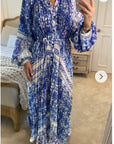 Blue monochrome scarf print pleated long shirt dress