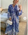 Blue monochrome scarf print pleated long shirt dress