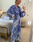 Blue monochrome scarf print pleated long shirt dress