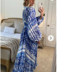 Blue monochrome scarf print pleated long shirt dress