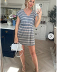 Short Sleeve V Neck Mini Dress In Grey Stripe