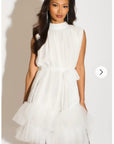 Stand Collar Shift Dress With Heavily Gathered Tiered Mesh Frills Shirt Hem Design In White
