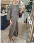 Full Length Pleated maxi dress with cap sleeves in medium grey