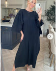 Full Length Pleated maxi dress with cap sleeves in black